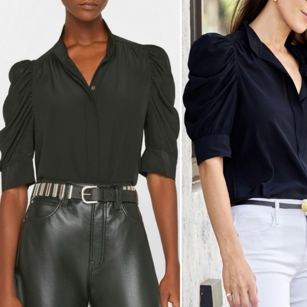 Frame Gillian Noir Silk Blouse Ruched Puff Sleeve Hidden Button Front M Black